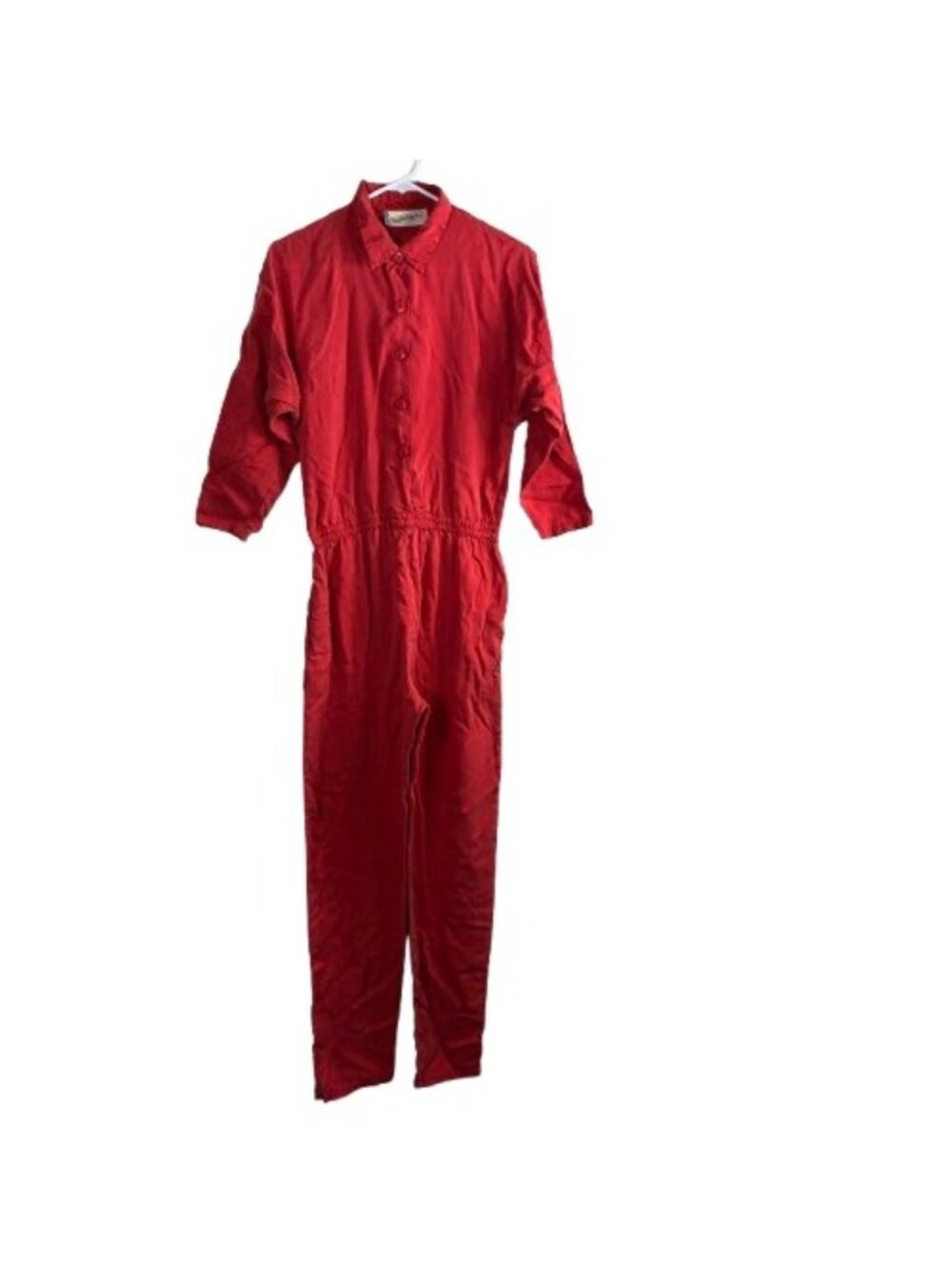 Vintage 80s Diane Von Furstenberg Red Rayon Button Front Utility Jumpsuit S